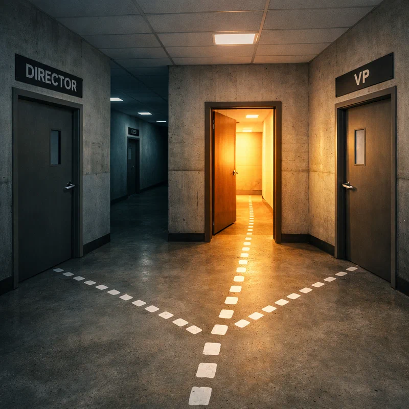 A professional standing at an internal crossroads inside a large organization, with clearly mapped pathways forward overlaid on a muted organizational chart backdrop