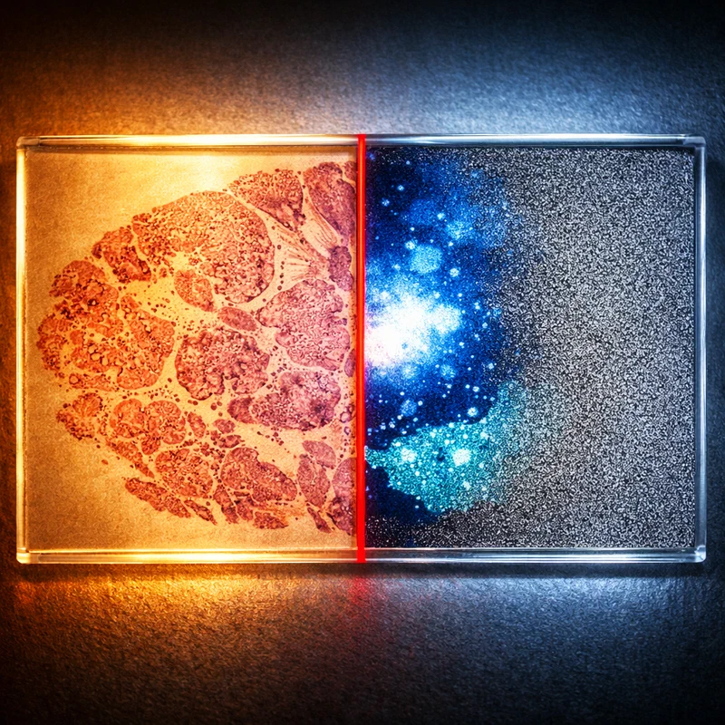 A standard glass pathology slide under clinical examination — on one side, basic H&E-stained tissue visible to a human eye; on the other side, AI-extracted molecular biomarker overlays, PD-L1 heatmaps, EGFR probability scores — but the overlay only covers half the slide, the half representing wealthy Western patients.