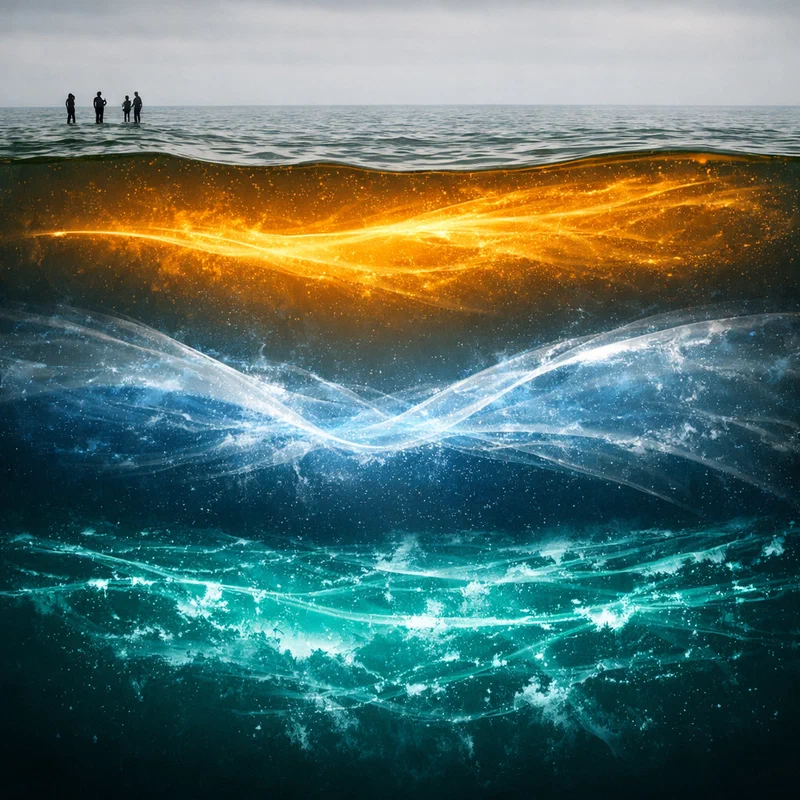 A dramatic ocean cross-section showing a calm surface above three distinct structural currents flowing in different directions below, with tiny human silhouettes standing at the waterline unaware of the forces beneath