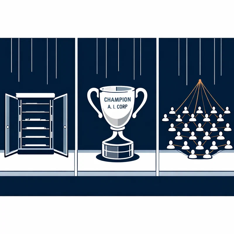 A hollow puppet theater with three empty stages: one showing a deleted server rack, one a forged trophy, one a crypto wallet connected by invisible strings — the performance is real, the performers are gone