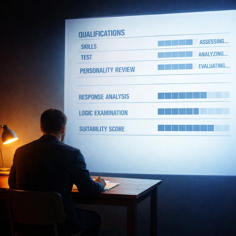 A single person seated at a desk facing a glowing AI interface panel — no human interviewer present, just structured prompts appearing on a cold screen