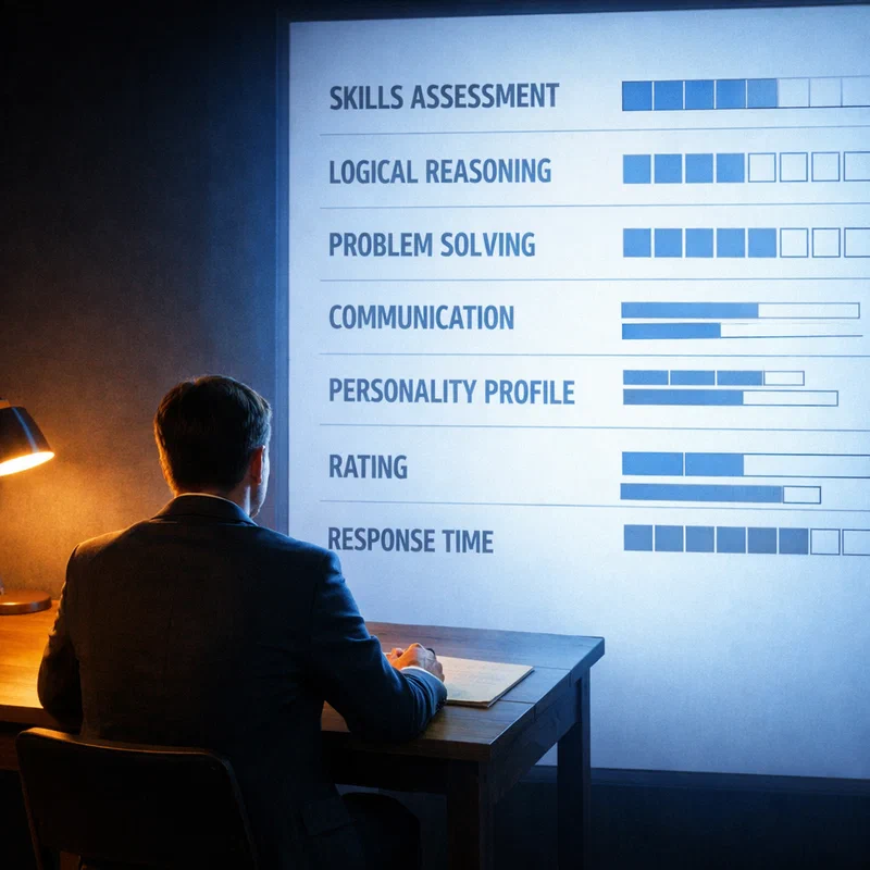 A single person seated at a desk facing a glowing AI interface panel — no human interviewer present, just structured prompts appearing on a cold screen