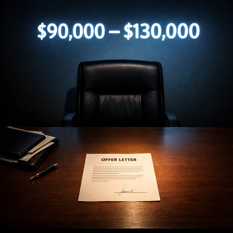 An empty negotiation chair at a table, with a clearly visible salary range posted on an illuminated board behind it — the data is available, the seat is unoccupied