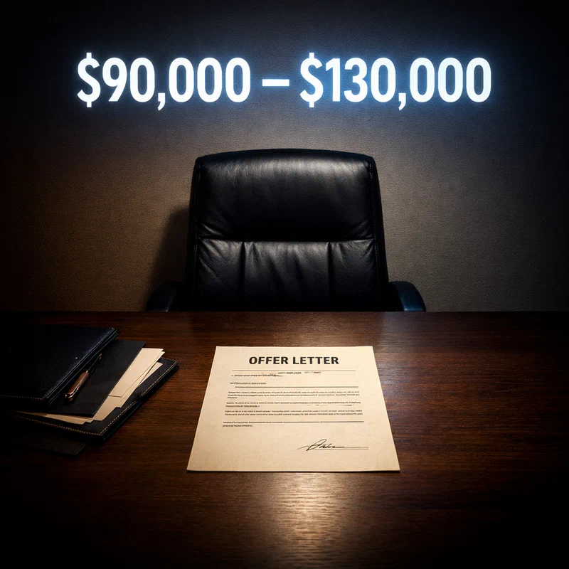 An empty negotiation chair at a table, with a clearly visible salary range posted on an illuminated board behind it — the data is available, the seat is unoccupied