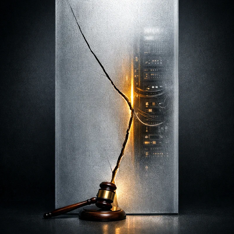 A floor-to-ceiling panel of thick frosted glass with a single hairline crack running diagonally across it, a gavel resting at the base where the crack begins, interior technical systems faintly visible through the fracture, dramatic chiaroscuro lighting, charcoal and frosted white palette with amber-gold light inside