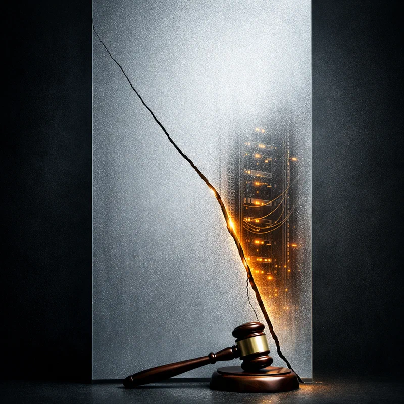 A floor-to-ceiling panel of thick frosted glass with a single hairline crack running diagonally across it, a gavel resting at the base where the crack begins, interior technical systems faintly visible through the fracture, dramatic chiaroscuro lighting, charcoal and frosted white palette with amber-gold light inside