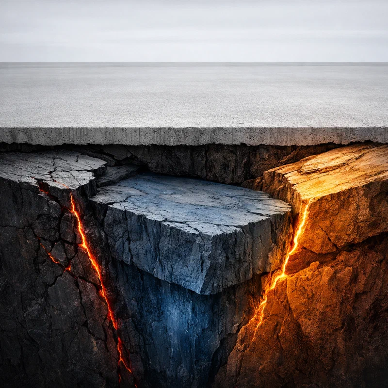 A pristine concrete highway stretching to a flat horizon under stark light, with a geological cross-section embedded in the foreground revealing three shifting fault lines running beneath the smooth surface in different directions