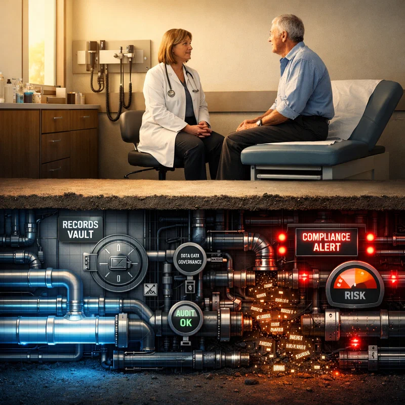 A modern exam room split in cross-section: on the surface a calm clinician-patient conversation with a subtle ambient microphone glow, below the floor a dense network of data pipes, governance valves, and monitoring gauges; one branch runs clean and bright while another leaks with warning lights