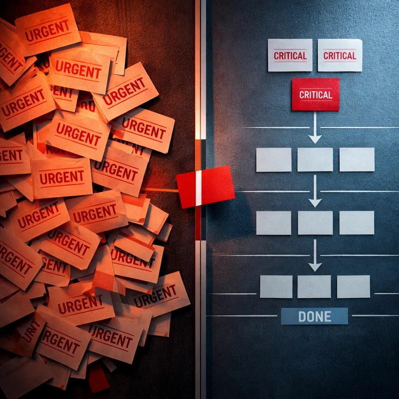 A photo-illustration of a triage board with red urgent markers overflowing one side while a single structured response lane clears critical items into a calm delivery channel, dramatic warm-cool split lighting