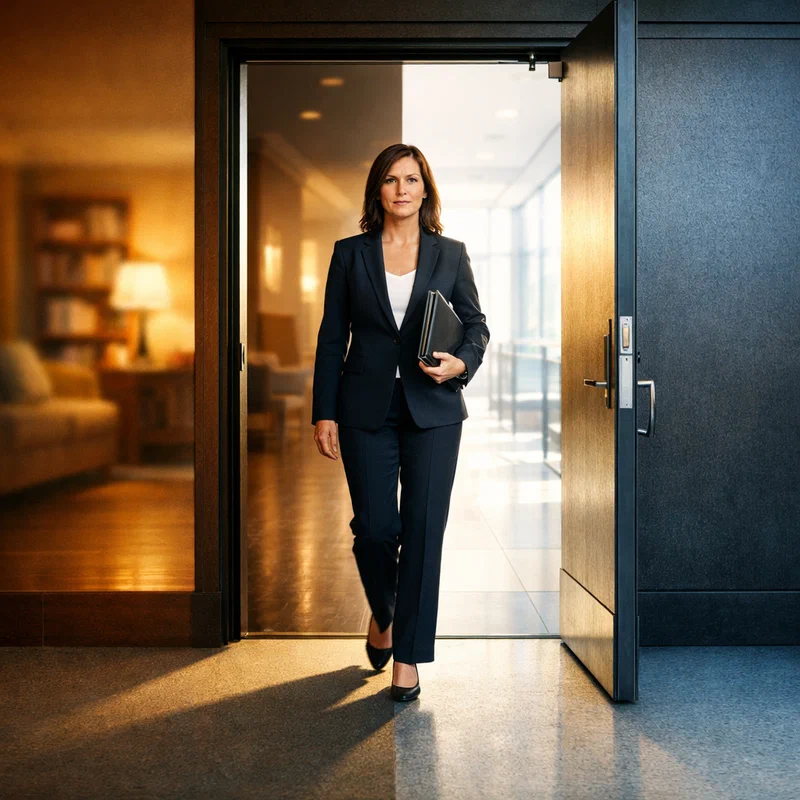 A professional woman in her forties standing at the threshold of a tall institutional doorway, one side in warm domestic shadow and one side in clear morning professional light, her posture composed and deliberate, a folder under her arm, facing forward