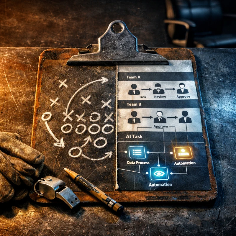 A battered coach's clipboard on an industrial workbench, its hand-drawn play arrows transforming into a live workflow map with human and AI task lanes under dramatic warm-cool split lighting