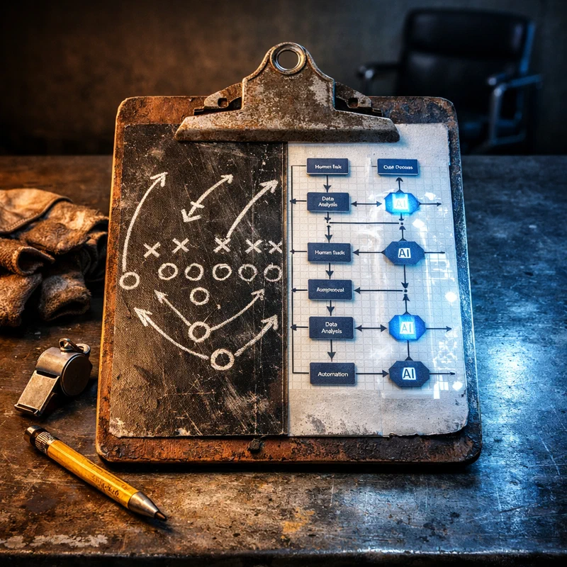A battered coach's clipboard on an industrial workbench, its hand-drawn play arrows transforming into a live workflow map with human and AI task lanes under dramatic warm-cool split lighting