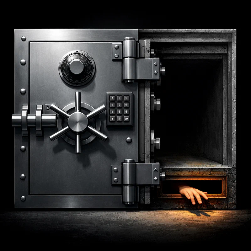 A bank vault rendered in cross-section: the dial and bolts intact on the exterior, but a rusted mail slot cut through the base of the vault wall, with a hand reaching through from inside