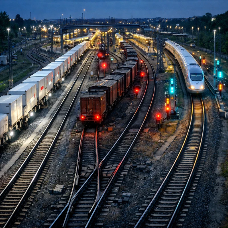 A night rail yard seen from above with one central station feeding three rail lines: one brightly lit and crowded with healthcare cargo trains, one dark line with overloaded freight cars and warning lights, and one newer electrified line accelerating into a glowing horizon
