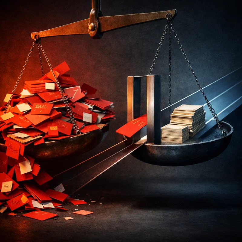 A photo-illustration of an overloaded balancing scale where chaotic red task cards spill from one side while a smaller set of prioritized cards moves steadily down a clear lane on the other side