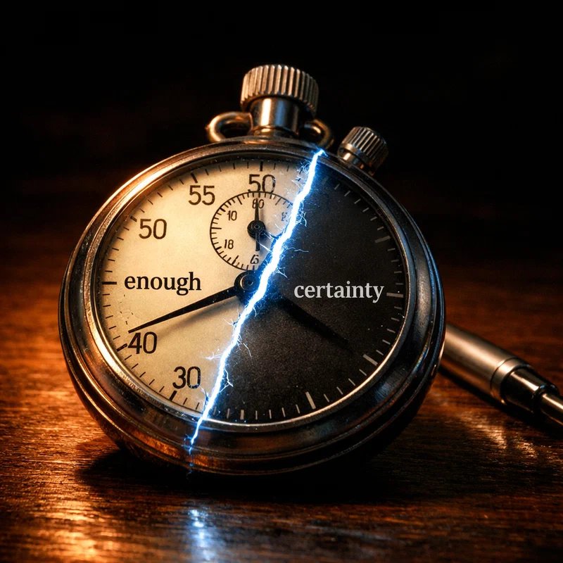 A vintage stopwatch resting on a polished executive desk, its second hand frozen mid-sweep between two decision points, one path labeled 'enough information' and the other 'certainty' — with only a shadow extending forward from the first