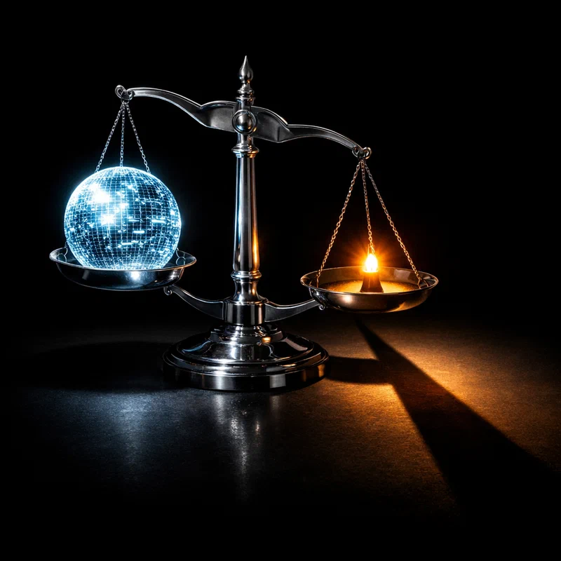 A gleaming medical scale in dramatic chiaroscuro: the left pan holds a luminous AI sphere weighted with $2.1 billion, the right pan holds a small but bright beacon labeled 'equity' — the scale tips heavily left, but the right beacon casts a longer shadow across the dark floor
