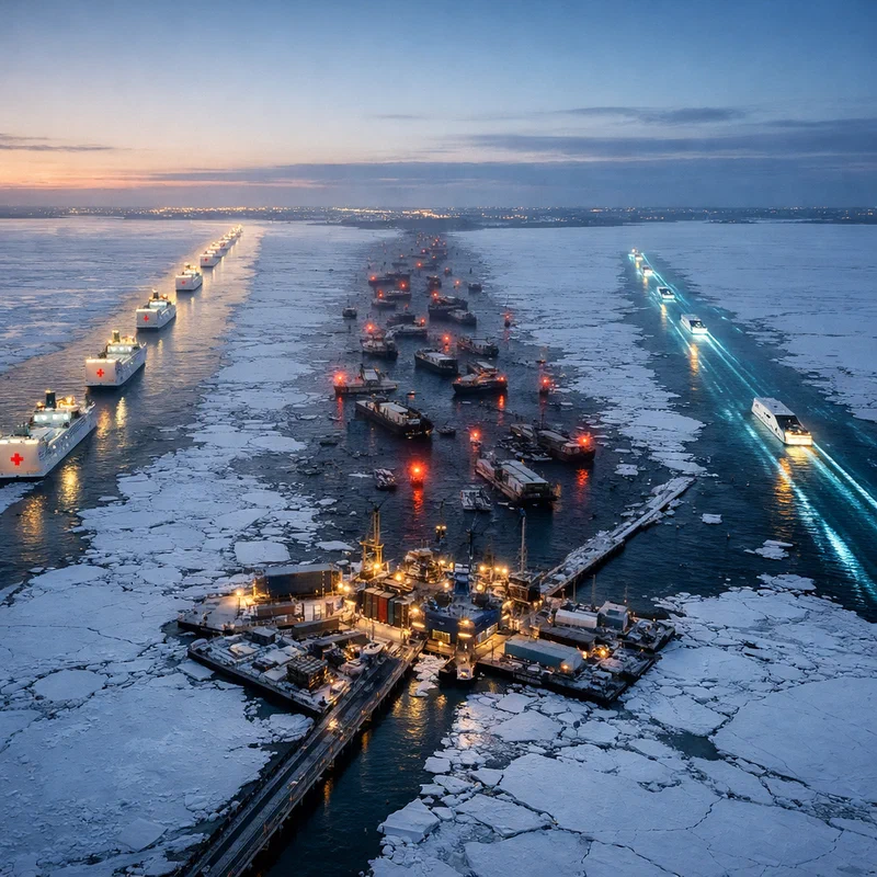 An elevated view of a large frozen lake cracked into distinct channels where only a few narrow waterways remain flowing with cargo boats while most lanes are iced over under blue dawn light