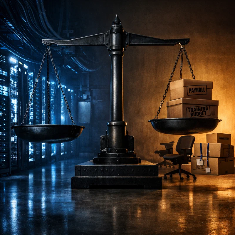 A dramatic editorial photo-illustration of a giant steel balance scale in a dark industrial hall: one side overloaded with glowing server racks and power cables, the other side holding empty office chairs and cardboard archive boxes tagged payroll, with hard chiaroscuro lighting and a cold-blue versus amber palette