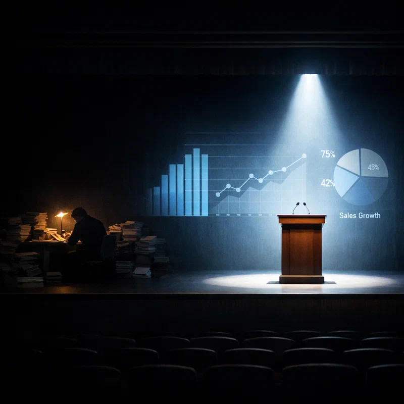 A photo-illustration of a lone worker in deep shadow at the back of a stage, surrounded by their work artifacts, while a bright spotlight at the front illuminates an empty podium where their contributions are being presented by someone else