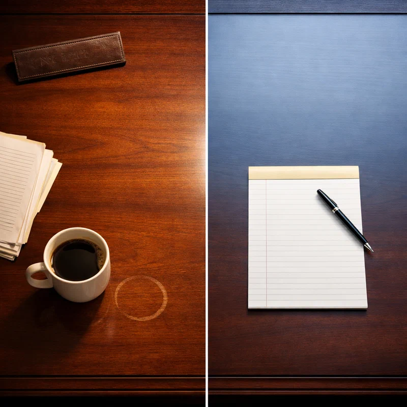 A polished mahogany desk surface with two distinct zones of light: one side illuminated by warm amber light showing a well-worn nameplate and organized papers, the other side in cool blue shadow with an empty chair and blank slate — the moment between one management relationship ending and another beginning