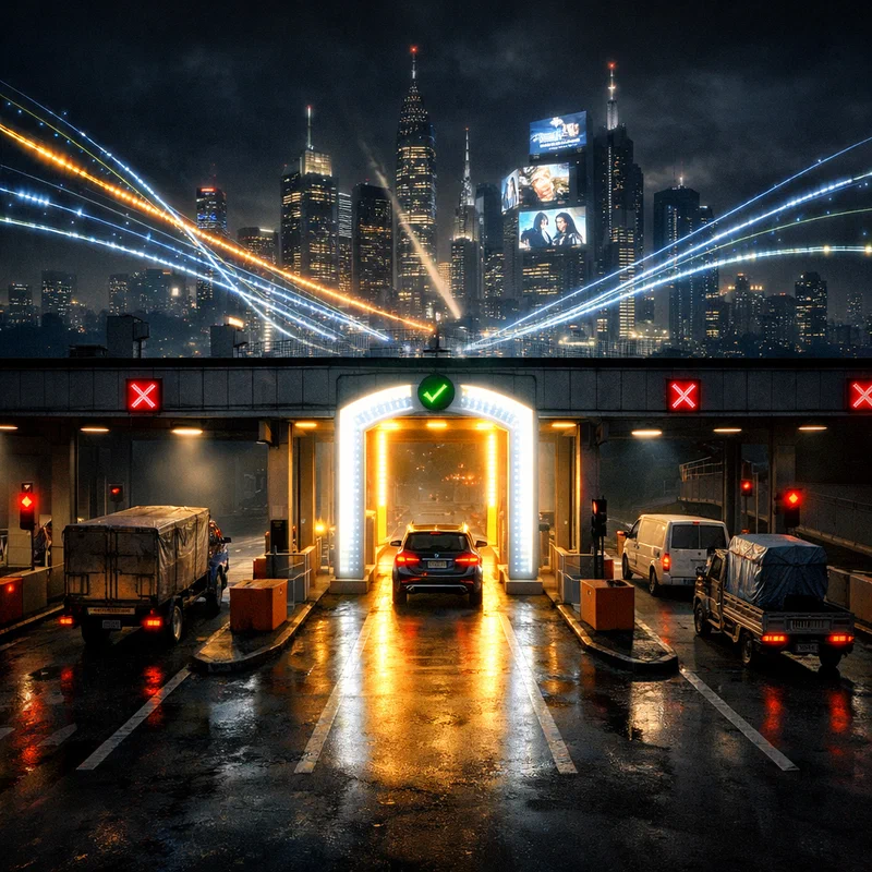 A night-time city checkpoint where professional creators, agencies, and brand messages pass through layered trust gates with verification lights and audience pathways