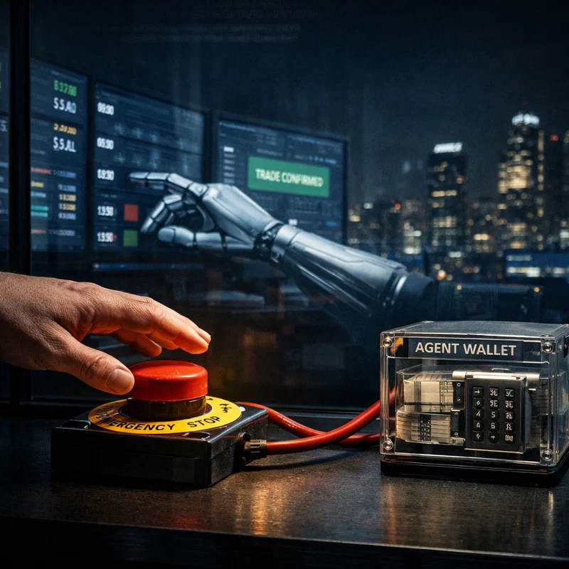 A glass trading floor at night where a robotic hand reaches toward buy buttons behind a velvet rope, while a human holds an emergency cutoff switch connected to a small locked wallet