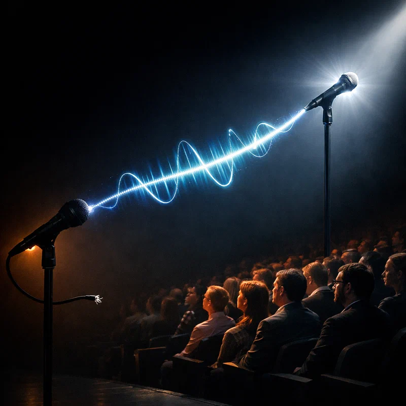 A dramatic stage scene with one speaker at a muted microphone in partial shadow while a second microphone in bright light projects the same soundwave to a listening audience