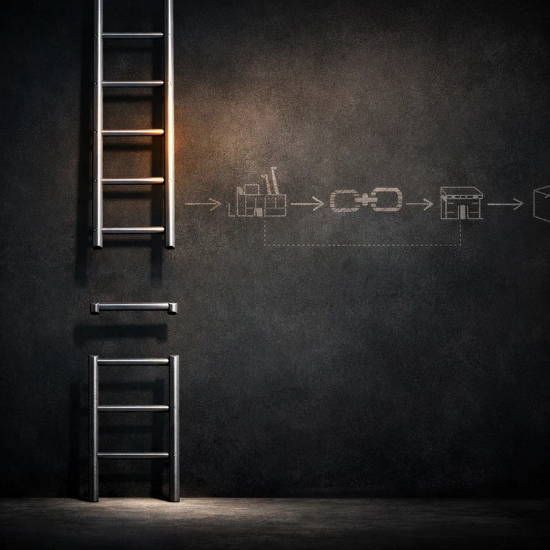 A tall industrial ladder standing against a blank wall — its bottom rungs have been cleanly removed, and above the gap, the remaining rungs lead to a ceiling that has been sealed. A faint supply chain diagram is visible on the wall behind it, with one critical link broken.