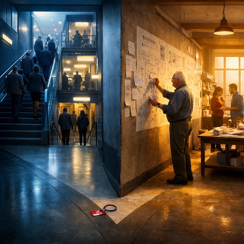 A professional corridor that splits into two paths: one climbs toward crowded glass offices and title placards, while the other stays level and bright toward a focused workshop where one person is building with calm precision