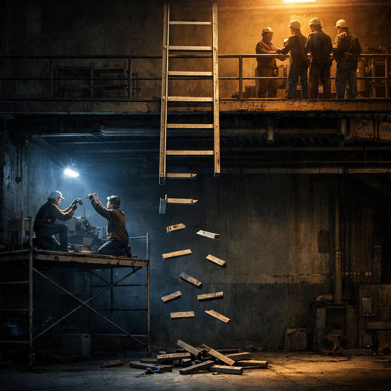 A tall industrial ladder suspended over a factory floor, with the bottom third of the rungs removed while workers on a small scaffold try to pass tools upward to senior operators at the top