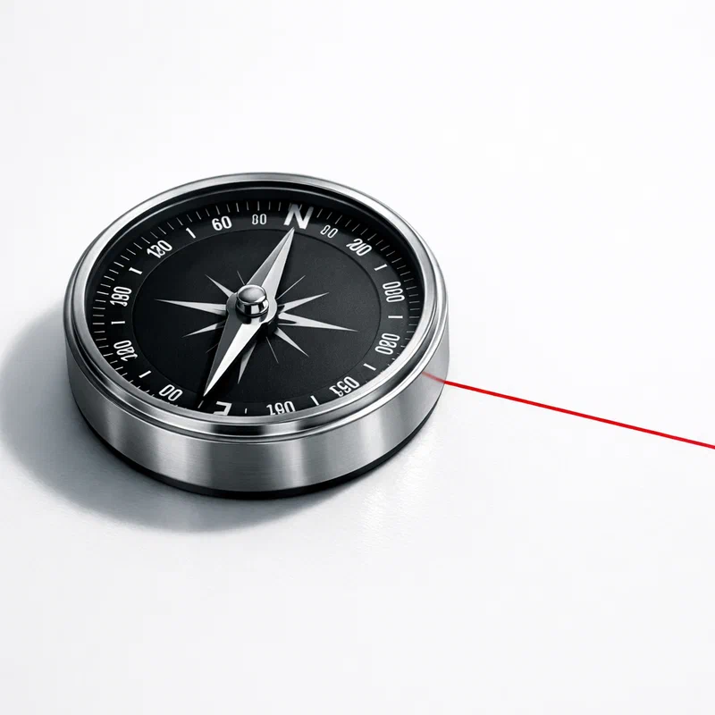 A chrome-finished precision compass resting on a clean white surface, its needle pointing with authority — but a single fine red line etched into the surface marks where true north actually lies, fractionally different from the needle's heading. The gap between them is small and precise. The compass looks authoritative. It is slightly wrong.