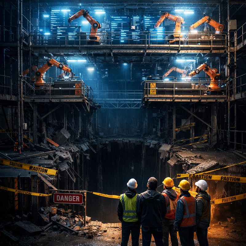 A photoreal scene of a multi-level construction scaffold shaped like a software architecture diagram, where the lower entry ramp is missing and cracked while upper levels glow with autonomous robotic arms rapidly stacking code-like panels, with a small group of junior workers stranded below