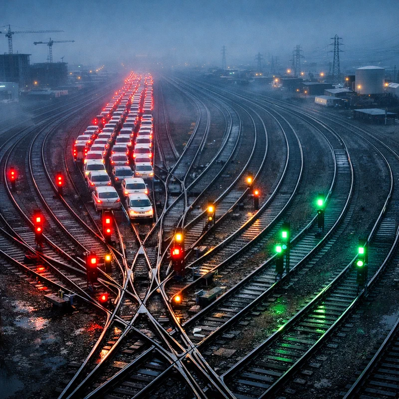 A sprawling railway switching yard at dawn seen from above, where one dense track carries a long line of passenger cars into a narrowing bottleneck while several parallel tracks leading toward hospitals, construction cranes, and logistics depots remain mostly empty, with signal lights glowing red and amber in cold blue fog