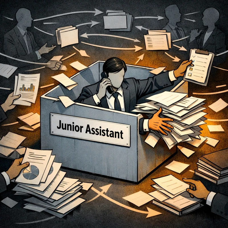 A professional figure in formal attire orchestrating a complex, multi-thread operation that visibly extends far beyond the confines of a small, junior-labeled box around them — hands reaching past the edges, decisions in motion, while the placard reads a title far below the work