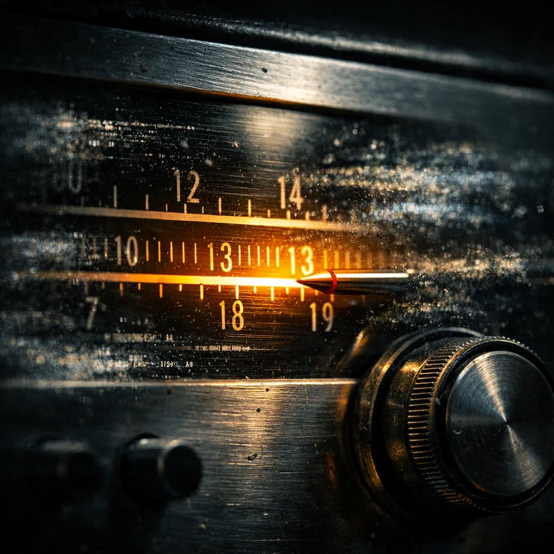 A weathered analog radio tuner with a clear frequency needle aligned to one narrow bright signal band while surrounding frequencies are static and blurred, symbolizing precision in a noisy job market