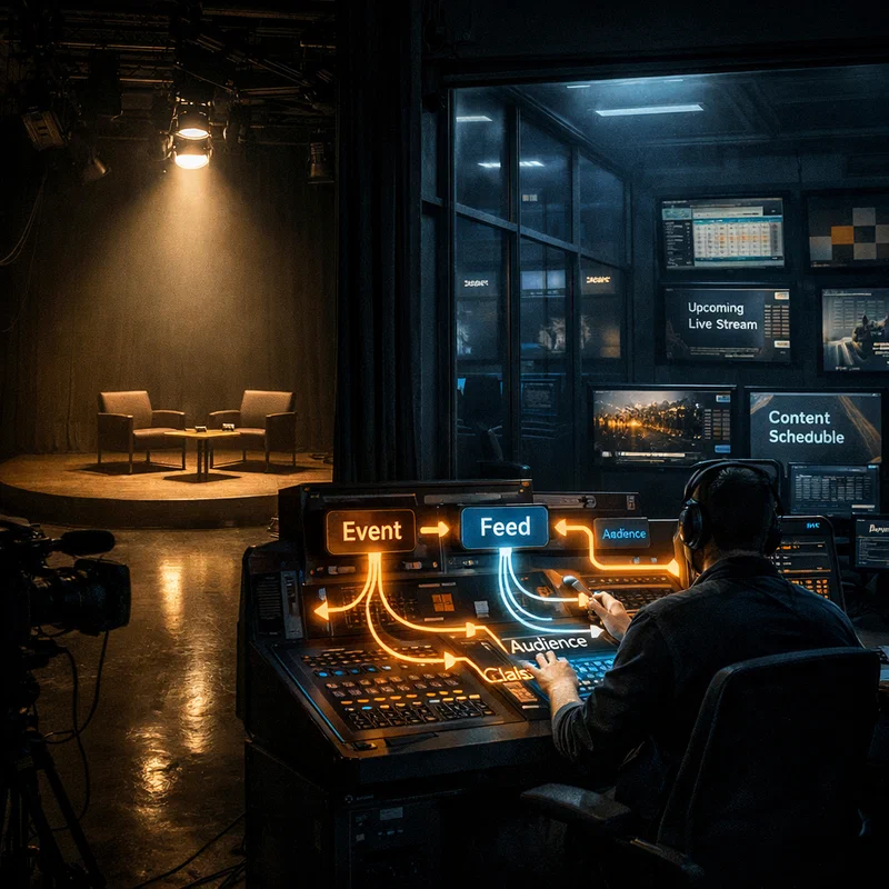 A split-scene editorial image where the left side shows an empty spotlighted stage and the right side shows a control room with scheduling timelines, creator contracts, and campaign dashboards routing trust signals