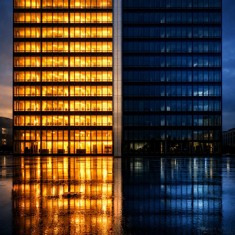 A large modern corporate glass tower at dusk cleanly bisected by its structural center column: the left half of every floor blazes with warm amber light suggesting full activity, while the right half shows only dark cold glass reflecting a steel-blue sky — same building, two different economic realities
