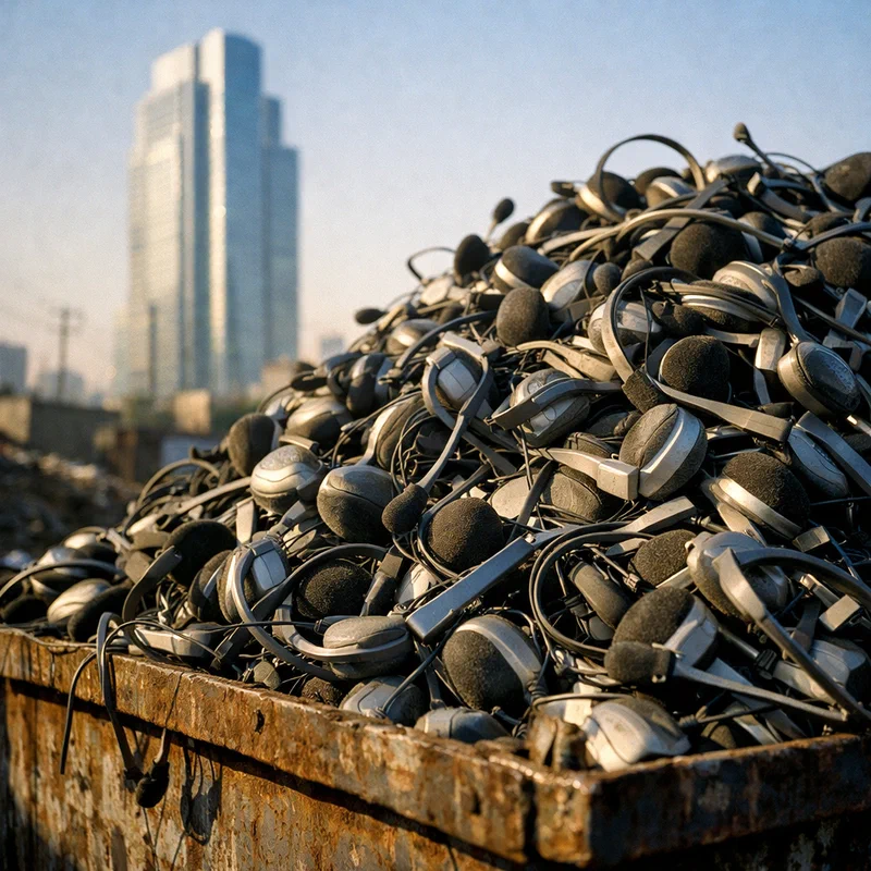A mountain of discarded call center headsets in an Indian industrial yard.