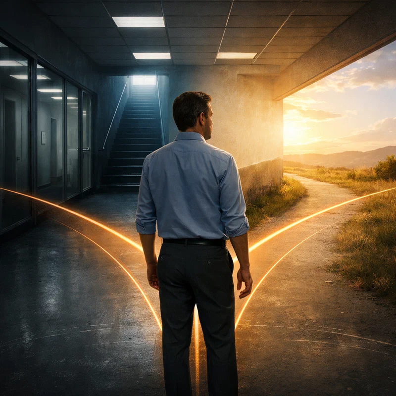 A professional in their forties stands paused at a fork in a corridor: behind them a worn corporate hallway with glass offices and title placards, ahead one path climbing upward into fog and strain, another bending toward open landscape filled with warm light
