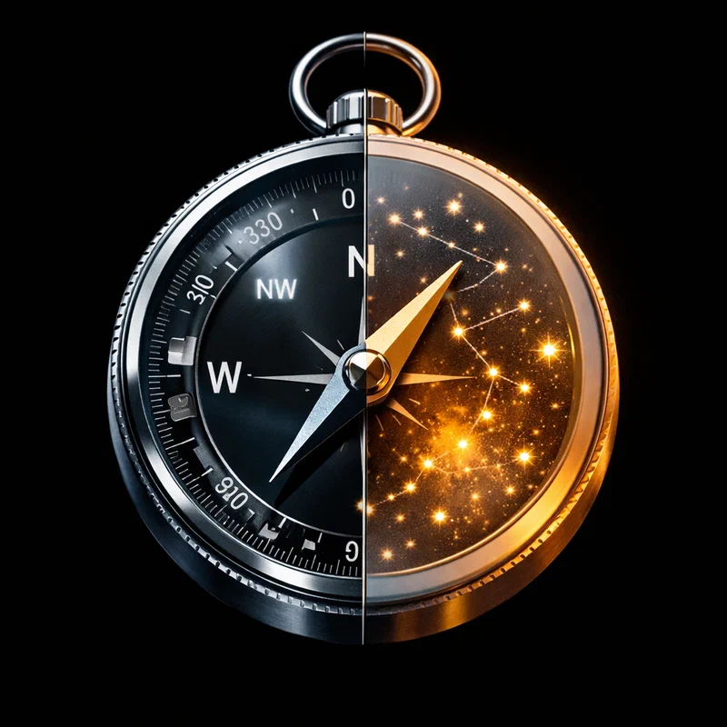 A precision navigational compass split vertically down its center. The left half is a polished chrome digital instrument — laser-etched markings, exact readings, machined precision. The right half is the same compass body with frosted glass, revealing a constellation map inside — ancient stars, no coordinates, requiring human interpretation. The needle spans both halves, uncertain which direction to honor.