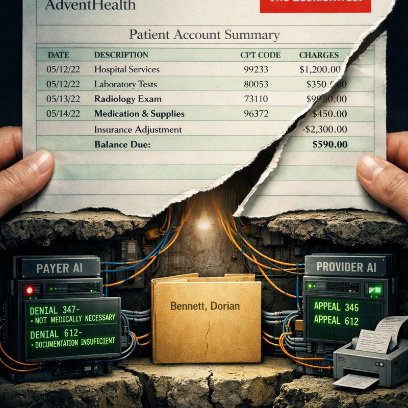 A hospital billing statement photographed through a cracked magnifying glass: the itemized charges bleed and refract at broken angles, revealing beneath the surface a tangle of glowing algorithm pipelines marked 'DENIAL ENGINE' and 'APPEAL GENERATOR' locked in combat, while a faint human figure recedes into the background