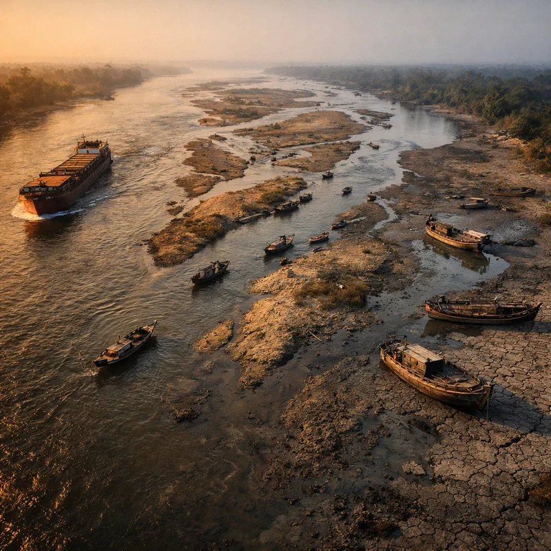 A wide aerial view of a three-lane river at different stages — the left lane is a deep, fast-flowing channel where a single large cargo ship moves smoothly, the middle lane is a shallow patchwork of small boats ferrying goods between fragmented sandbars, and the right lane is a stagnant backwater where boats are beached on dry mud