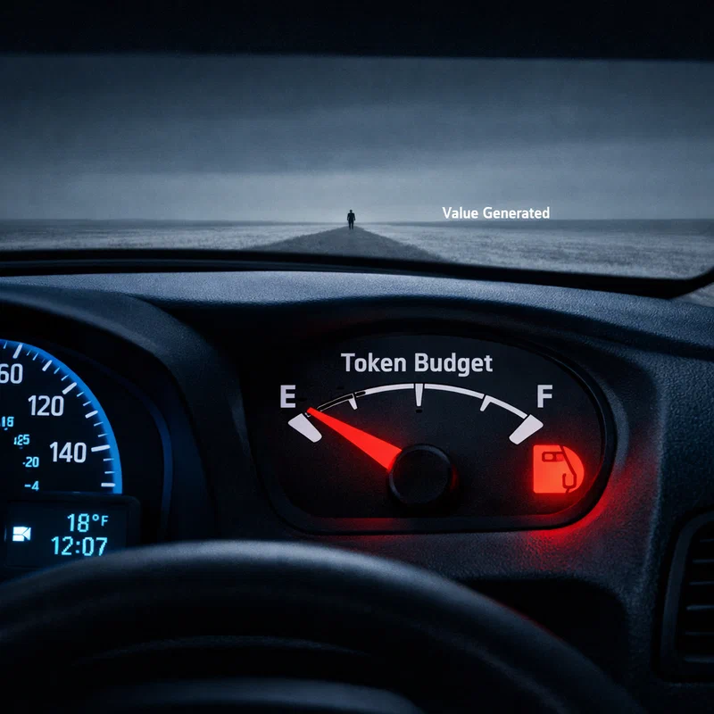 A fuel gauge on a dashboard showing a needle buried in the red zone labeled 'Token Budget' with the gauge's 'Full' marker far to the left and a distant, shrinking 'Value Generated' indicator on the horizon