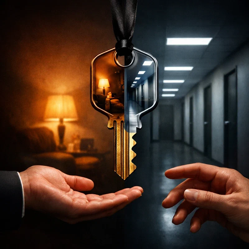 An office key suspended on a ribbon hovering uncertainly between two hands — one reaching to take it, the other hesitating, with a warm home interior visible through a reflection in the key's metal surface