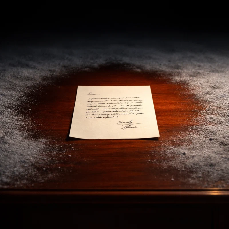A single, clearly legible handwritten letter on heavy cream paper sits centered on a vast, empty mahogany desk. The rest of the surface is covered in a deep, uniform layer of fine grey dust — the residue of countless documents that were produced, reviewed, and discarded without impact. A single reading lamp casts a warm circle of light on the letter, leaving the dust in shadow.