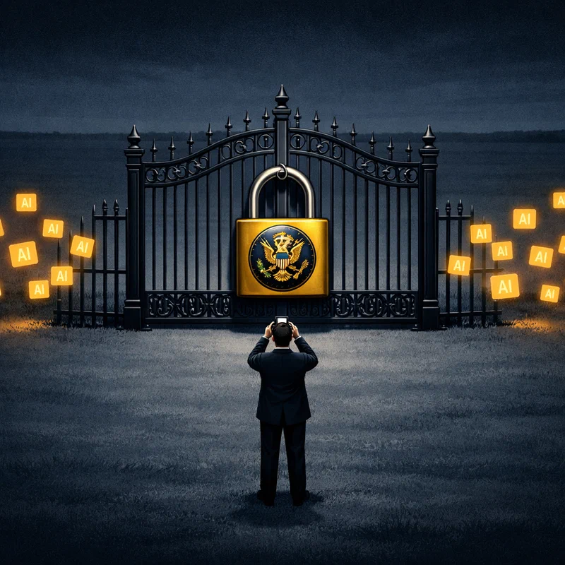 An ornate iron gate, padlocked and displaying official regulatory seals, stands alone in a wide open field — the fence ends immediately on both sides, leaving wide unguarded gaps, while a suited official photographs the padlock with satisfaction