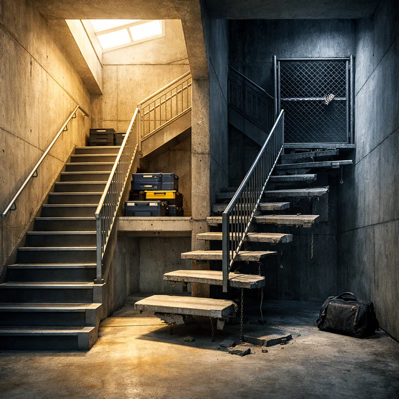A photorealistic split stairwell inside a concrete industrial training facility: the left staircase has intact steel steps, handrails, tool cases, and warm daylight pouring from an upper skylight, while the right staircase quickly breaks into missing steps and ends at a locked chain-link gate under cold blue shadow, with a lone work bag left at the base