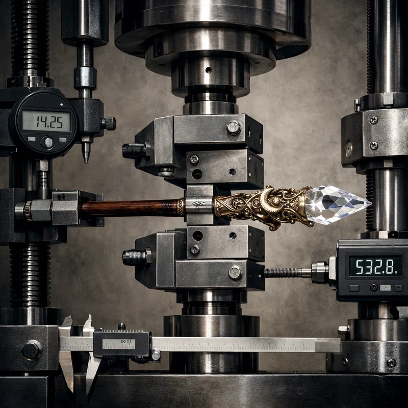 Conceptual illustration of a magic wand clamped in an industrial testing rig