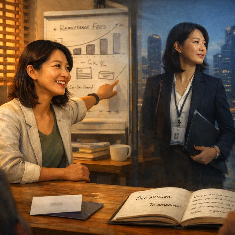 A Singaporean woman in her late thirties sits at a community workspace table engaging with migrant workers over a financial literacy whiteboard, while in the glass behind her a reflection shows her earlier corporate self in a sharp blazer and corporate badge, the two versions facing away from each other